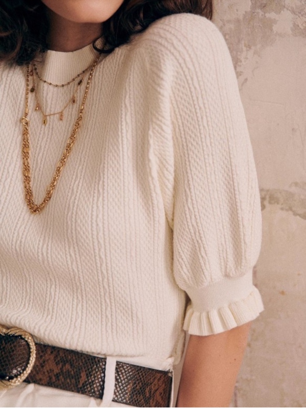 Sézane Ivory Puff-Sleeve Knit Sweater